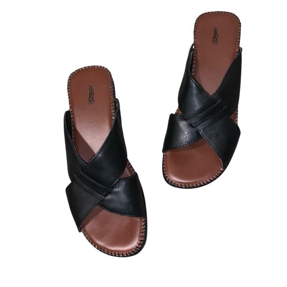 AirStep Black Leather Slide Sandals Women’s Comfort Slip On Wedge Size 9W - Picture 9 of 11